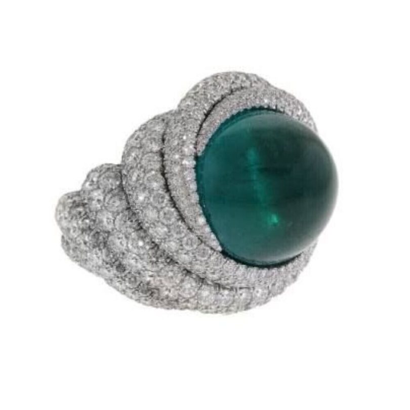 Cabochon Cut Green Lab Created Emerald & White Moissanite Women's Jewelry Ring