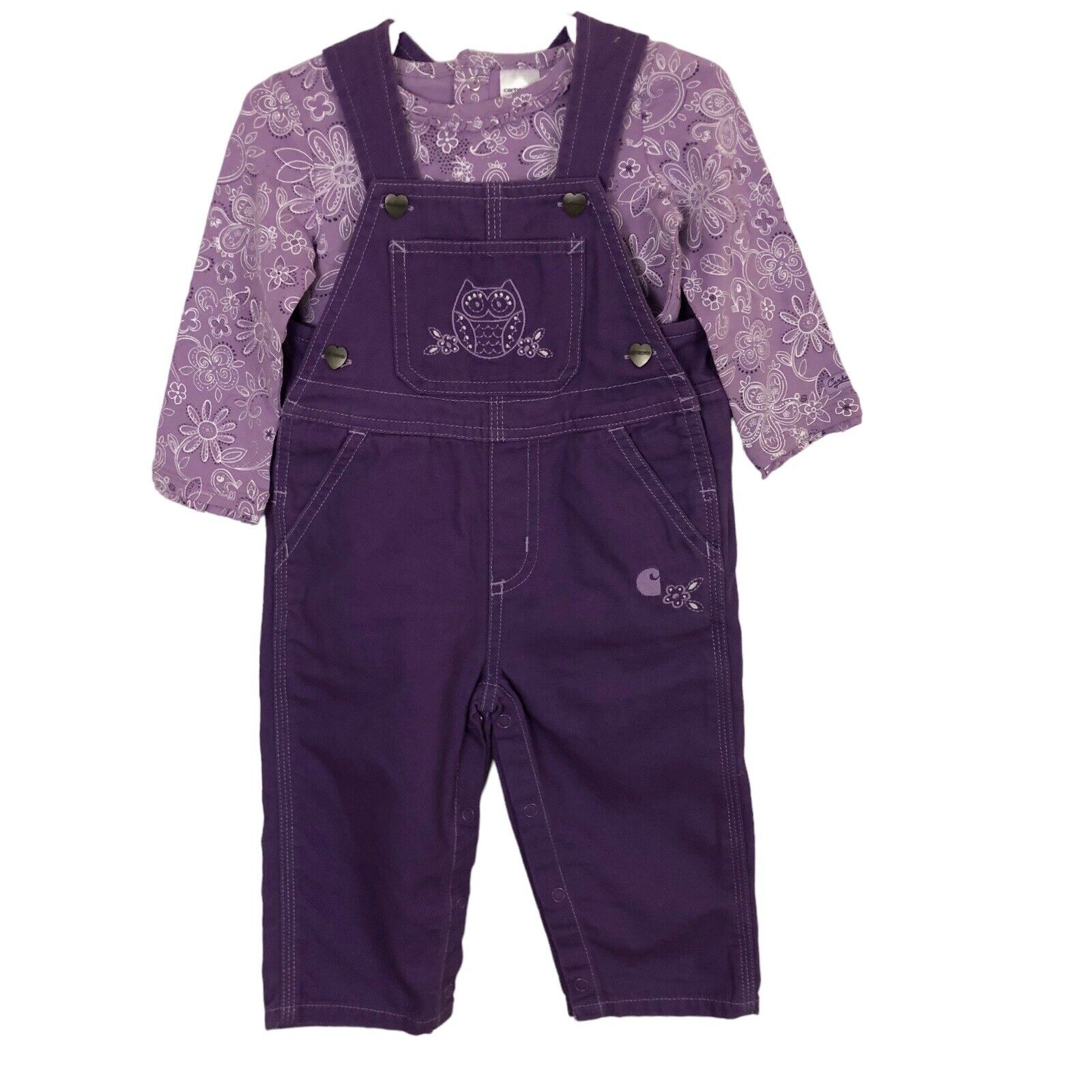 Picture 1 of 14 Hover to zoom CARHARTT Baby Girl 2 PC Overalls Bodysuit Purple 12 M New Owl Patrician