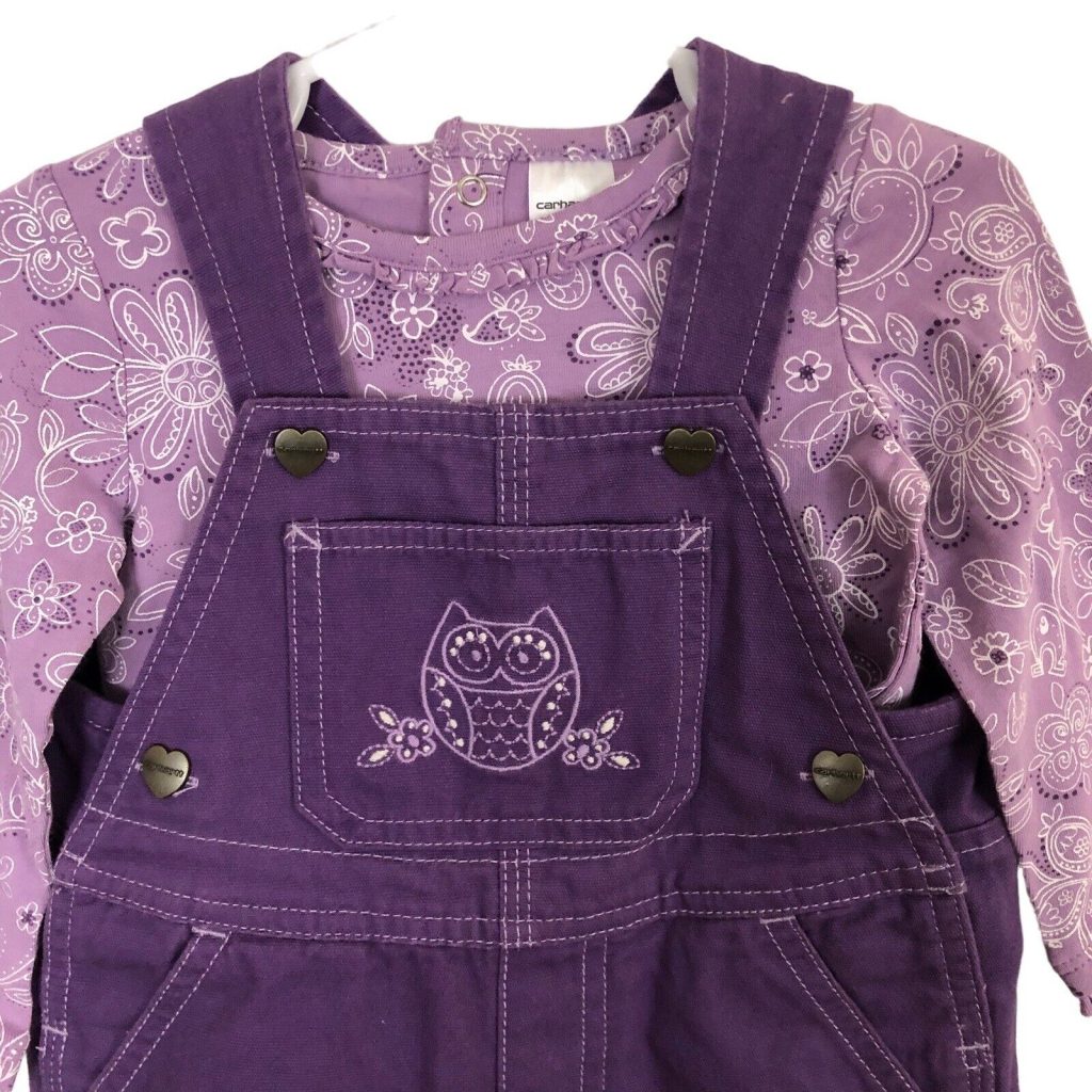 Picture 1 of 14 Hover to zoom CARHARTT Baby Girl 2 PC Overalls Bodysuit Purple 12 M New Owl Patrician