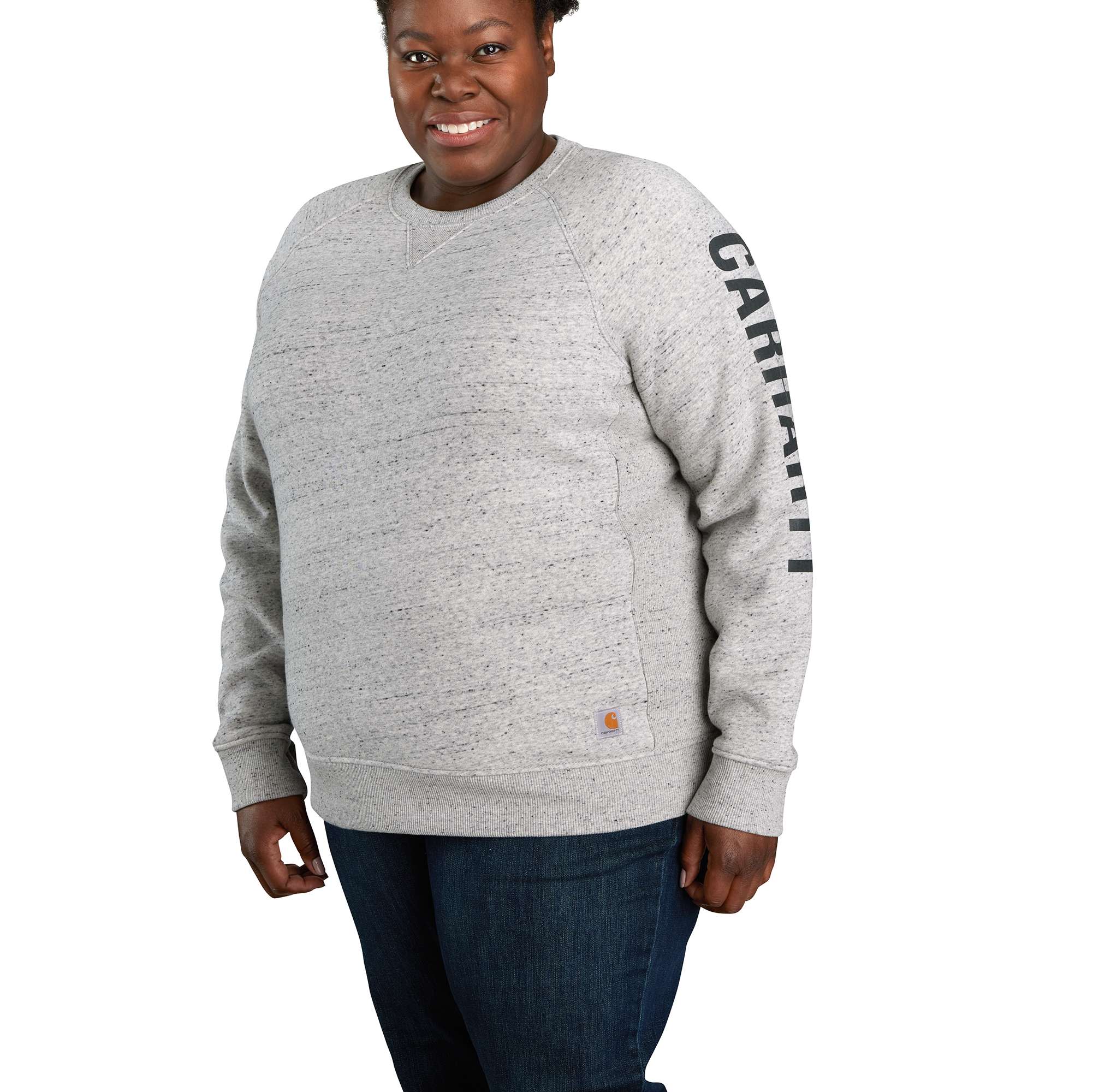 Women's Relaxed Fit Midweight Crewneck Block Logo Sleeve Graphic Sweatshirt