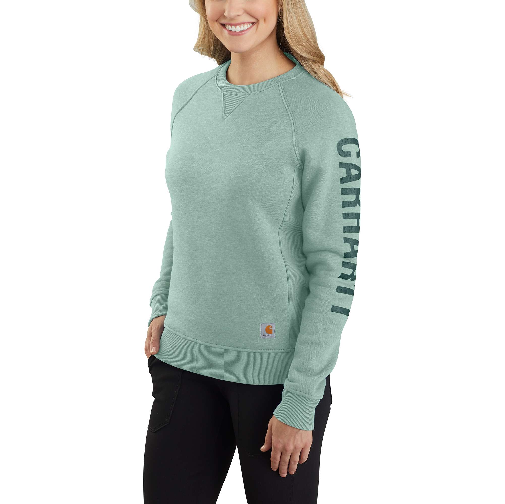 Women's Relaxed Fit Midweight Crewneck Block Logo Sleeve Graphic Sweatshirt
