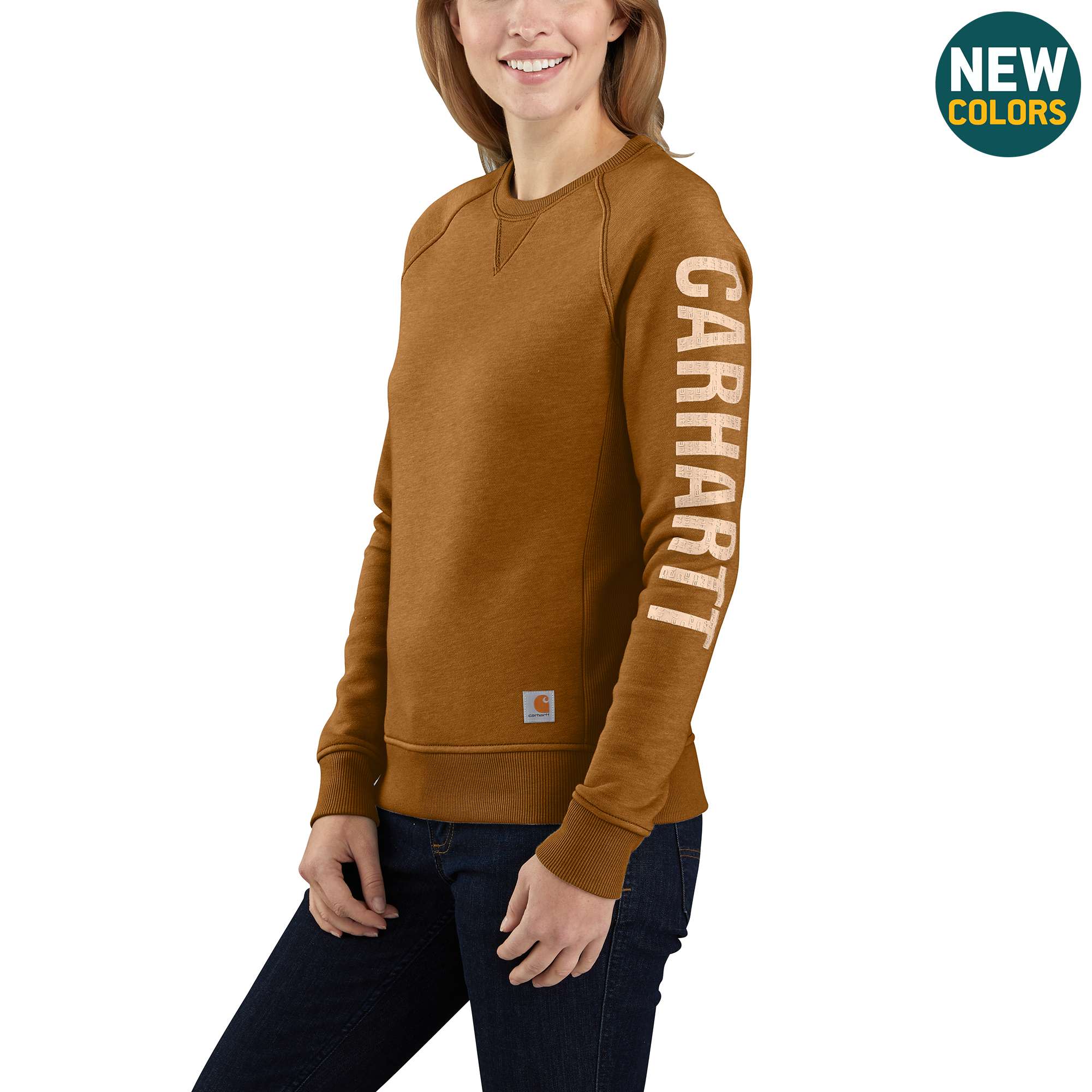 Women's Relaxed Fit Midweight Crewneck Block Logo Sleeve Graphic Sweatshirt